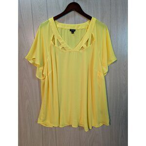 Torrid Sz 3 Cut-Out V-Neck Neckline Short Flutter Sleeves Yellow Flowy Blouse